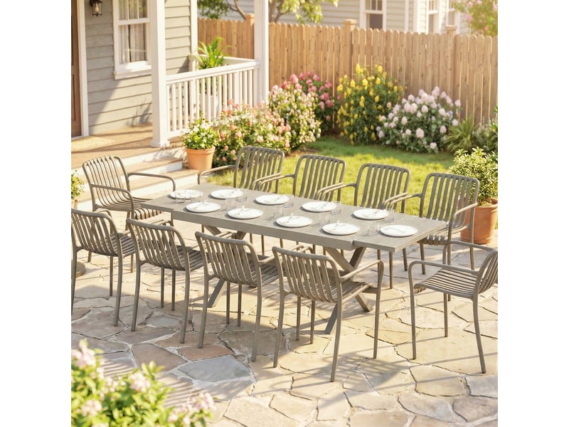  Table de jardin extensible pour 8 à 10 personnes, en aluminium et acier, 154214 x 85 x 73 cm, grise  - Conforama D