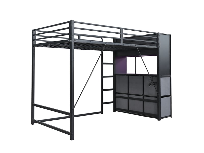  Lit mezzanine enfant 120x200 cm – noir et gris – rangements latéraux, éclairage, charge - sans matelas  - Conforama D