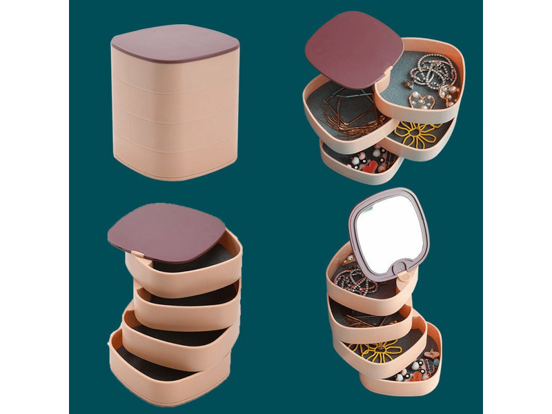  Boîte à bijoux rotative à 4 niveaux coffret de rangement pour bagues boucles d'oreilles et colliers organisateur portable multifonction en plastique  - Conforama C