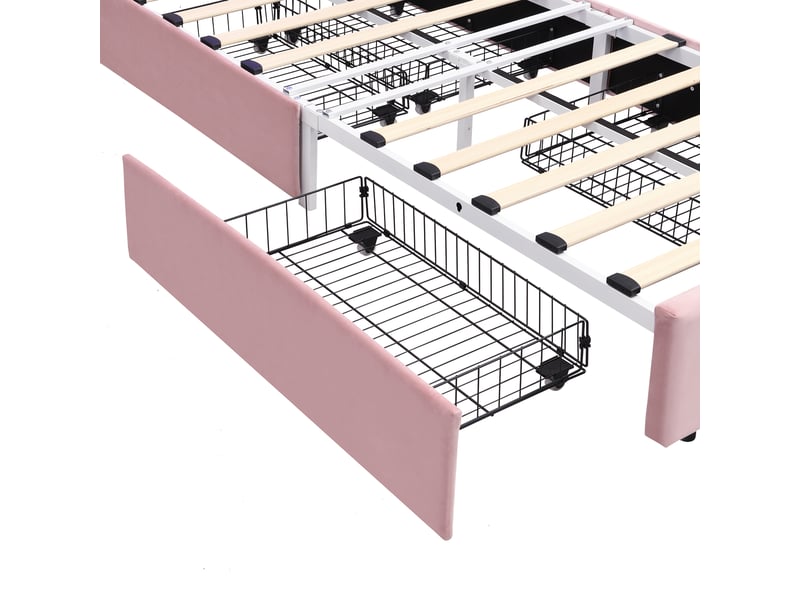 Lit enfant 90×200 cm avec 4 tiroirs, rangement ouvert et led pilotée par application, velours rose sans matelas - Conforama D