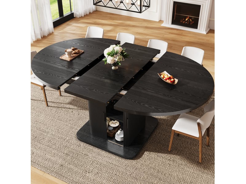 Table à manger ovale extensible 110-149,8x110x75 cm avec rangement noir mat - Conforama R