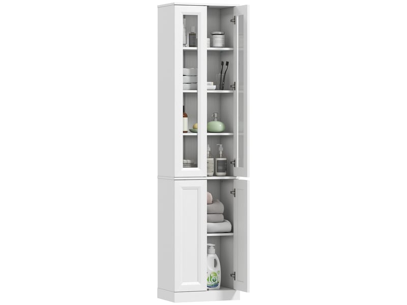  Meuble de salle de bain à 6 niveaux, unité de rangement avec 4 portes à fermeture amortie et étagères réglables, blanc  - Conforama A