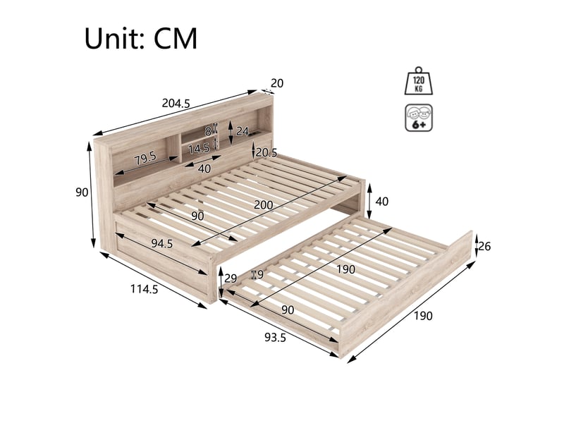  Lit banquette bois naturel 90x200cm avec lit gigogne 90x190cm, éclairage led et prises usb  - Conforama C