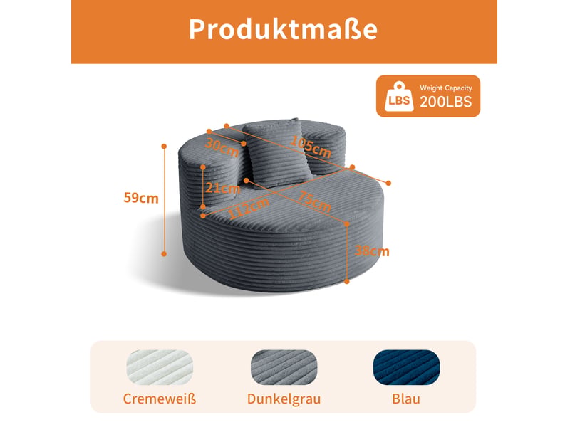  Fauteuil pouf modenvie en velours côtelé gris foncé 112 x 105 x 59 cm  - Conforama C
