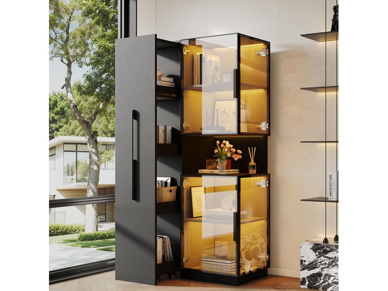  Vitrine haute avec étagères latérales coulissantes et led multicolores pour salon en mdf et verre noir 70 × 38 × 160 cm  - Conforama B