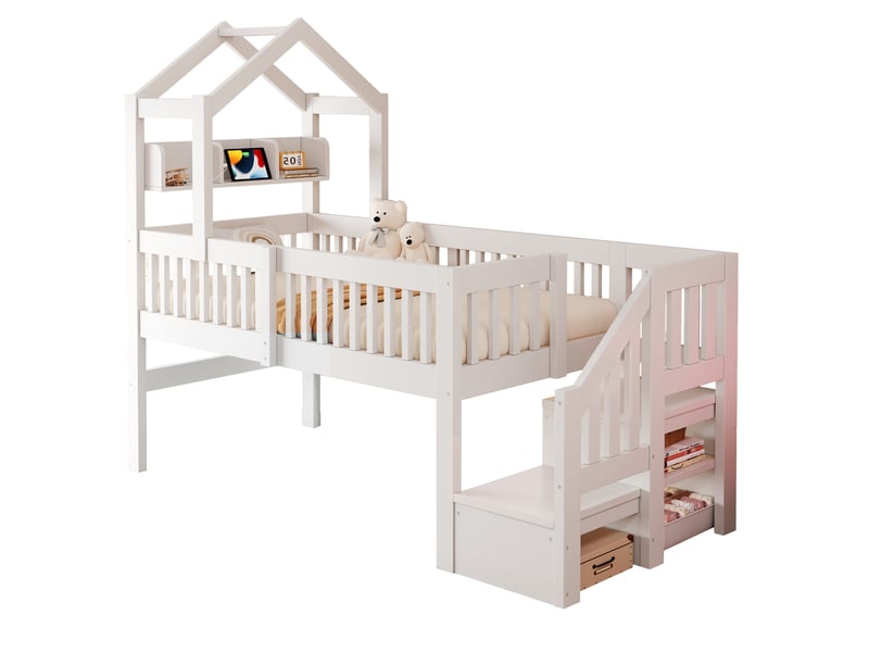 Lit mezzanine cabane enfant 90x200cm avec toit, étagère, veilleuse usb, bande led, barrières de sécurité et échelle de rangement, bois, blanc evarich - Conforama A