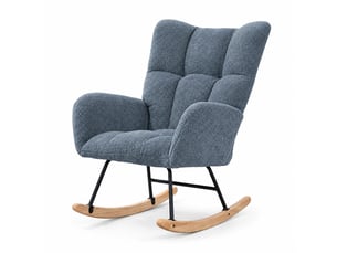 Fauteuil à bascule teddy bleu, fauteuil rocking‑chair ergonomique avec dossier haut et accoudoirs rembourrés, base en bois massif, chaise de relaxation pour salon, chambre et chambre bébé