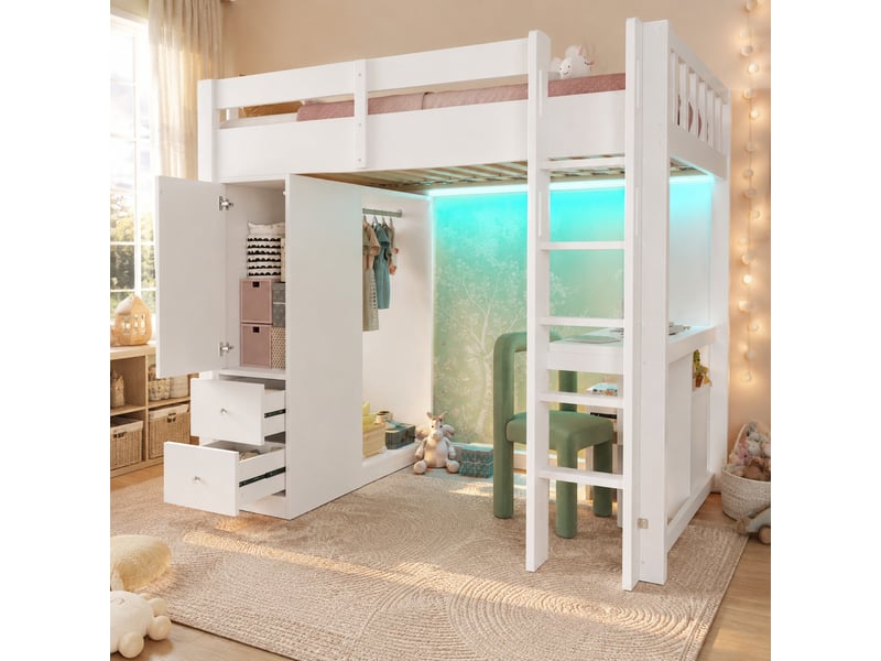  Lit en hauteur, 90x200 cm, avec bureau intégré, armoire ouverte, led et usb, matelas non inclus, bois, coloris blanc  - Conforama B