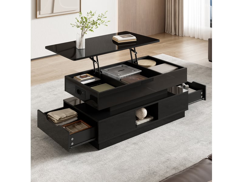  Table basse 90x48x42.5 cm noire avec plateau relevable, led et rangement  - Conforama E
