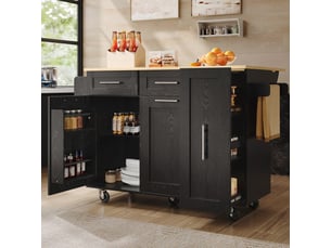 Desserte cuisine, îlot central sur roulettes avec plan de travail, plateau extensible, dimensions 110 x 46 x 90,5 cm, mdf, noir