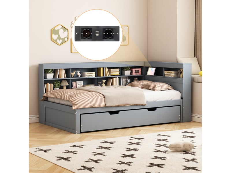  Lit gigogne 90x200 + 90x190 cm avec rangements et port usb, pin gris, sans matelas  - Conforama D