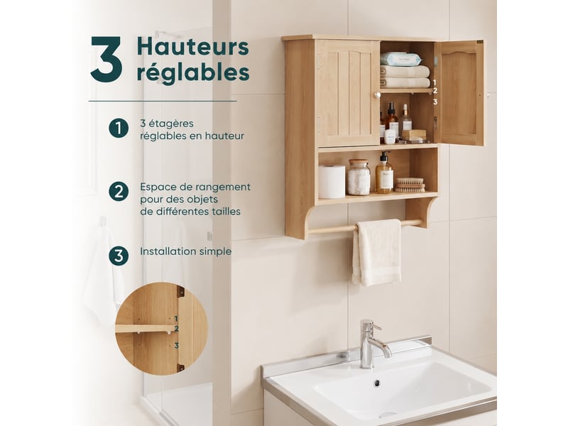 Armoire murale de salle de bain 2 portes avec porte-serviettes, 60 × 20 × 70 cm, effet chêne clair - Conforama C