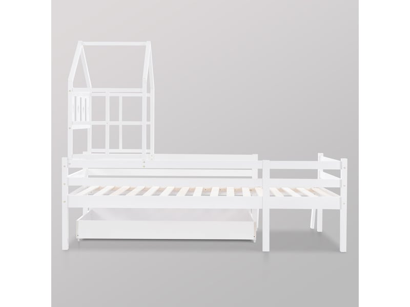  Lit cabane enfant 90x200 cm avec échelle et tiroir, pin massif et mdf, blanc  - Conforama W