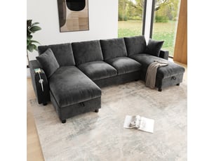 Canapé modulable en u gris 4 places avec rangement, usb-c, double méridienne et confort familial avec confort moelleux en chenille