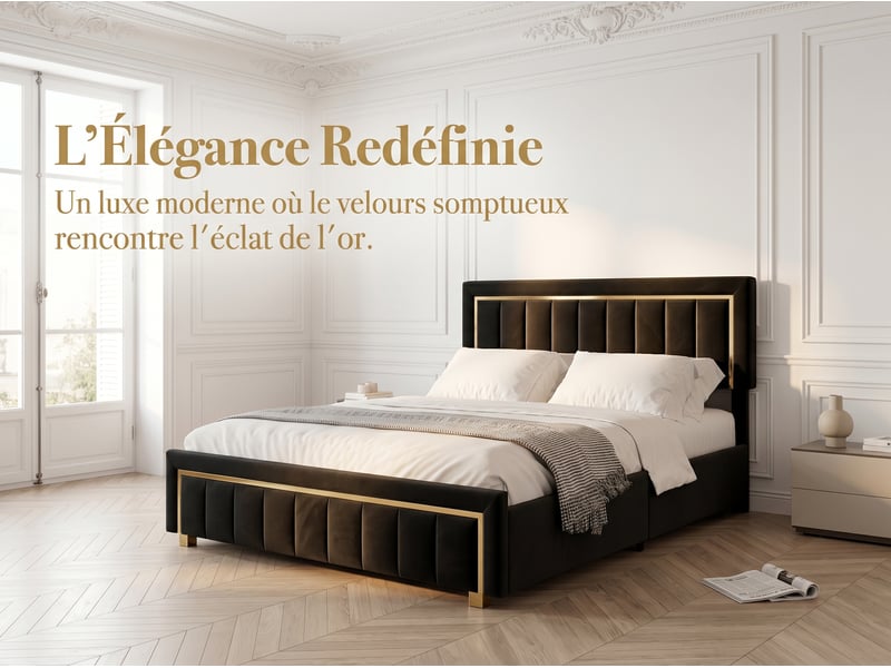  Lit 2 places 140x200 cm - tiroirs de rangement - led rgb intégrée - velours - ports usb + type-c - tête de lit avec rangement  - Conforama D