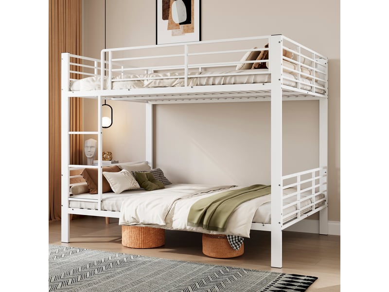  Lit superposé 140x200 cm, pour chambre, avec garde-corps, échelle et sommier à lattes, métal, blanc mat, sans matelas  - Conforama B