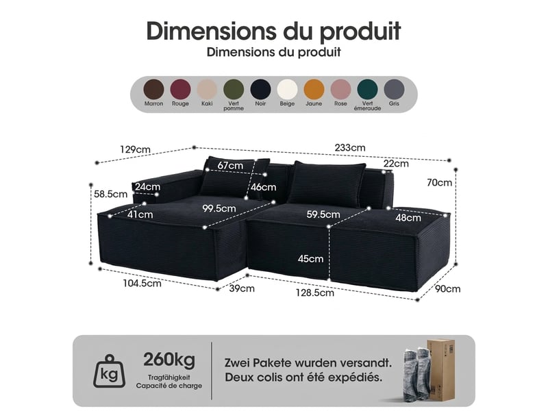  Canapé 2 places en polyester noir compact 235 cm - assise souple avec 2 coussins  - Conforama C