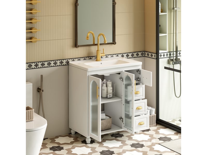  Meuble de salle de bain 80cm - meuble sous vasque avec lave-mains céramique - 2 portes verre flûté, 3 tiroirs - blanc  - Conforama C