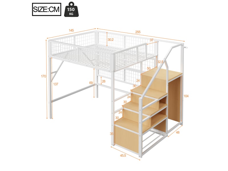  Lit mezzanine 140x200 cm avec escalier, rangements et led pilotées par application blanc  - Conforama C