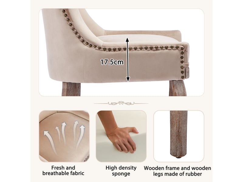 Chaises de salle à manger 6 pcs en velours beige, capitonnage clouté et pieds en bois massif pour cuisine ou salon  - Conforama D
