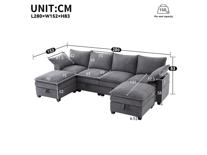  Canapé d'angle modulable 6 places en velours côtelé gris avec rangement, usb et porte-gobelets pour salon  - Conforama C