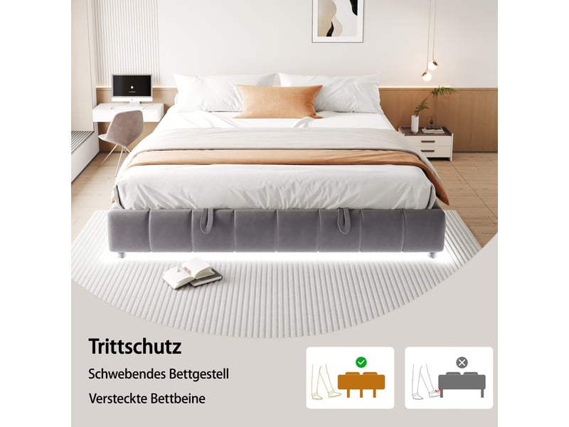  Lit coffre 180 x 200 cm gris, sans tête de lit, cadre hydraulique relevable multifonctionnel avec led et rangement  - Conforama D