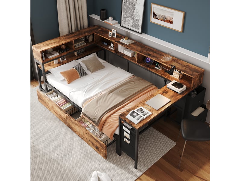  Lit simple 120x200 cm avec rangement en métal et bois noir+naturel, sans matelas  - Conforama B