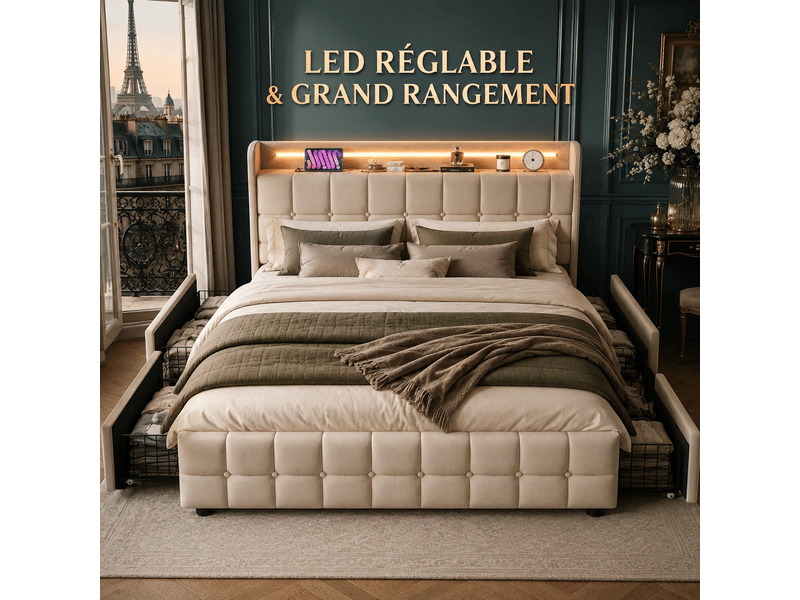  Lit adulte 160x200 avec 4 tiroirs - charge usb et led intégré - lit double avec sommier à lattes  et tête de lit capitonné - lit coffre rembourré avec rangement - cadre de lit - structure de lit ado - 2 personnesplaces - tissu e…  - Conforama R
