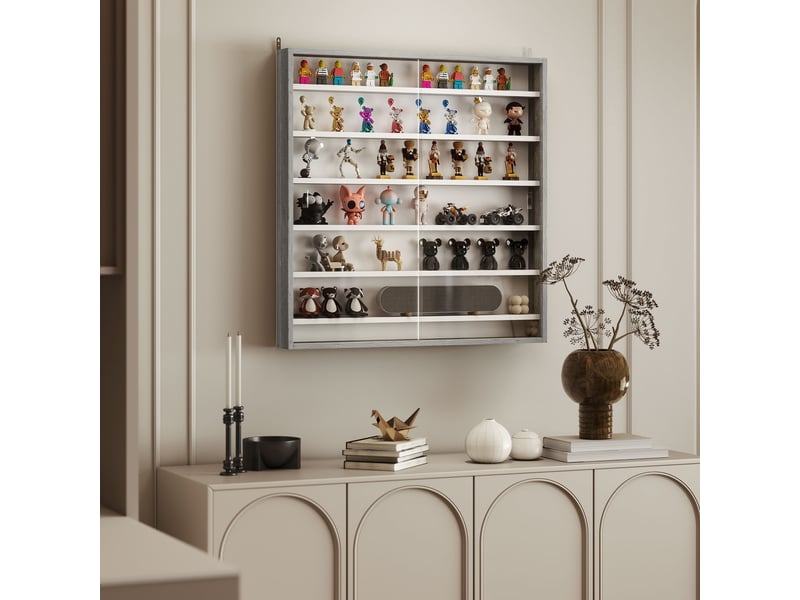  Tableau d'affichage en bois à 5 niveaux réglables avec portes vitrées, 80 x 9,5 x 83 cm, blanc et gris  - Conforama C