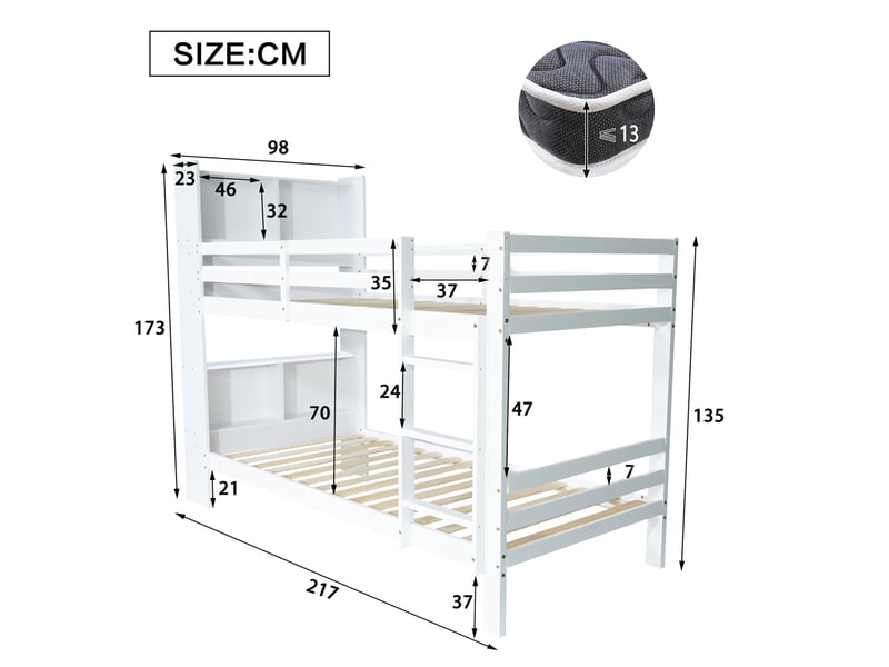  Lit superposé 90 × 200 cm 2 places avec étagères et échelle sécurisée, sans matelas, en bois, blanc  - Conforama D