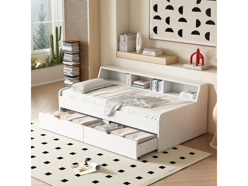 Lit banquette simple 90×200 cm, 2 tiroirs et 3 étagères  - sans matelas, pin et mdf - blanc  - Conforama C