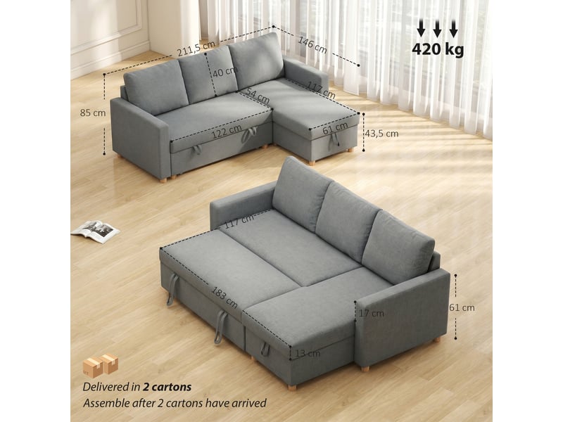 Canapé d'angle convertible canapé lit canapé 3 places modulable avec méridienne réversible, coffre de rangement intégré et 3 coussins de dossier, gris, tissu aspect lin  - Conforama C