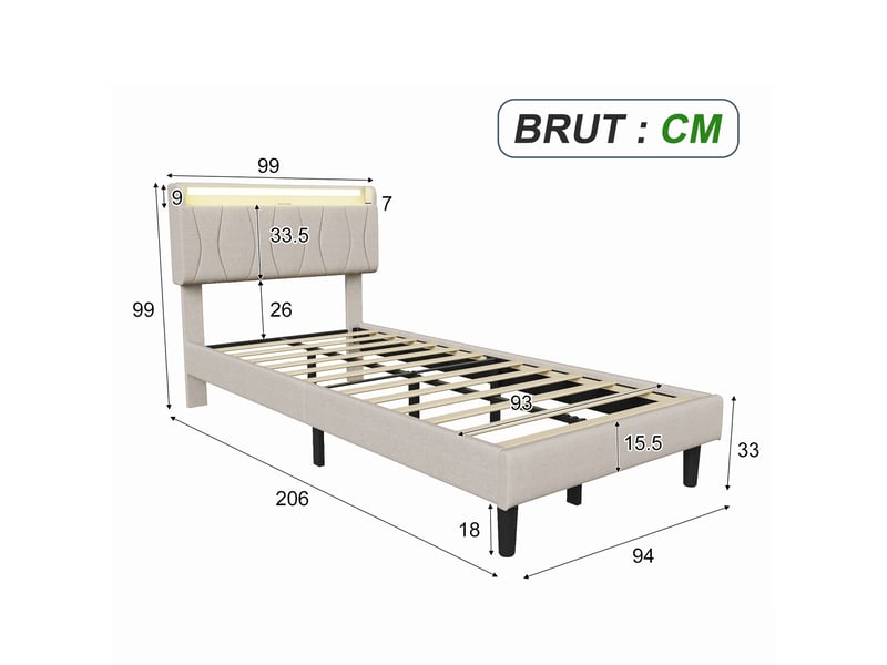 Lit simple capitonné 90x200cm avec cadre de lit à lattes et lumière led, tête de lit, beige  - Conforama C