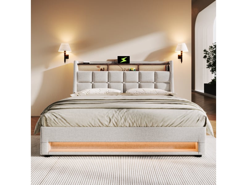  Lit double rembourré 160x200cm avec tête de lit, led, usb, coffre et structure solide, beige, sans matelas  - Conforama D