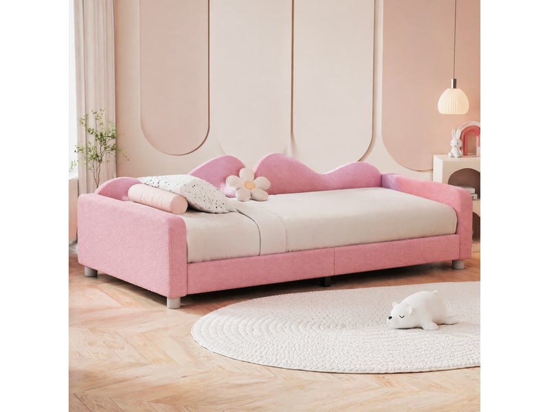 Lit enfant convertible en canapé 90x200 cm en tissu teddy rose - Conforama C