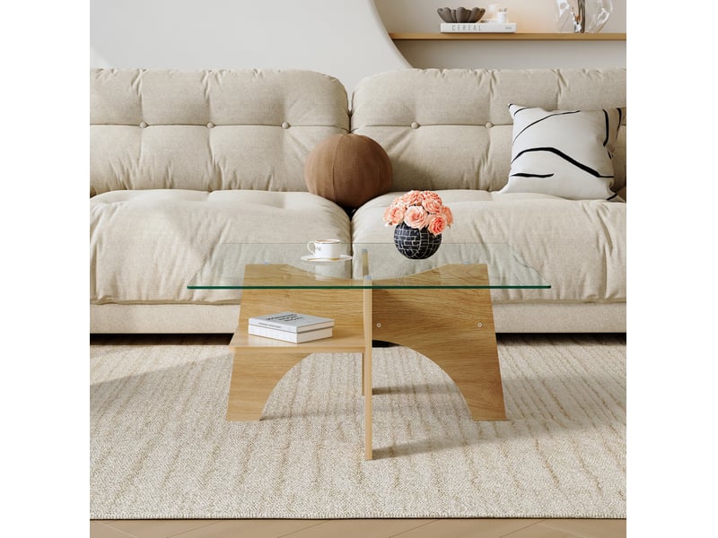  Table basse carrée 80x80x40 cm en verre et mdf bois clair  - Conforama E