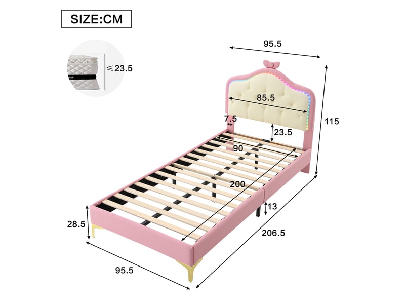  Modenvie lit enfant 90x200 cm - tête de lit led multicolore, noeud décoratif - sans matelas - rose  - Conforama C