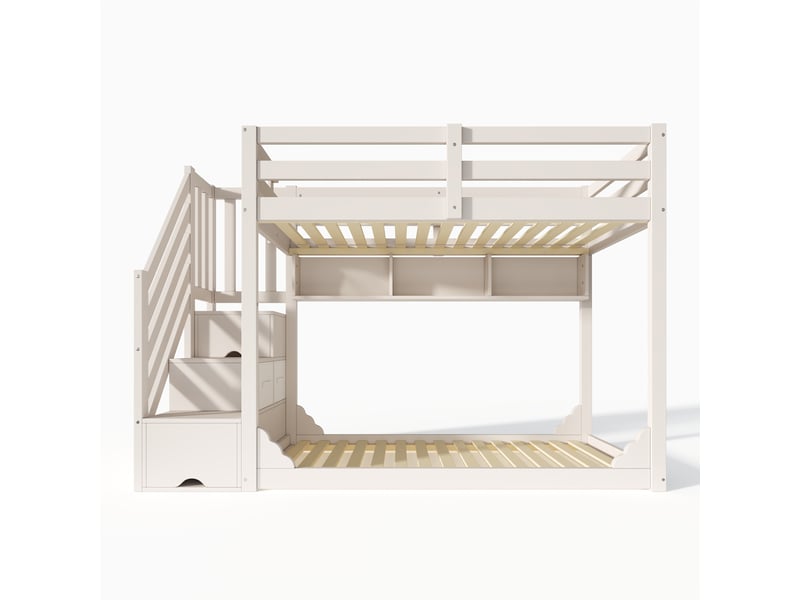 Lit superposé enfant 90x200 - escalier de rangement - 2 tiroirs tissu - 3 étagères ouvertes - garde-corps - sommier inclus - blanc  - Conforama A