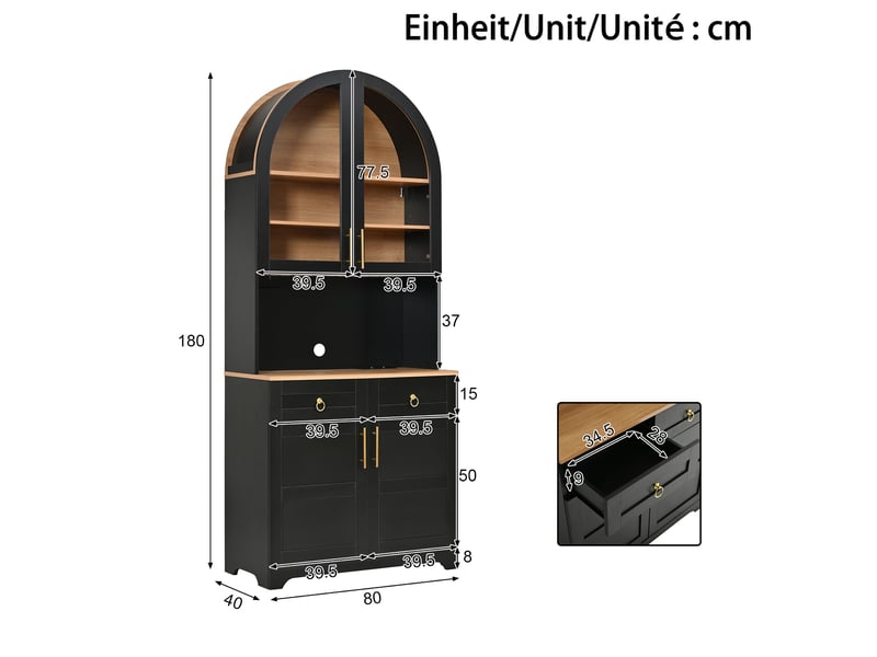  Buffet haut vitré 80 cm noir, 4 portes, 2 tiroirs, led et prises Fay Lum - Conforama C