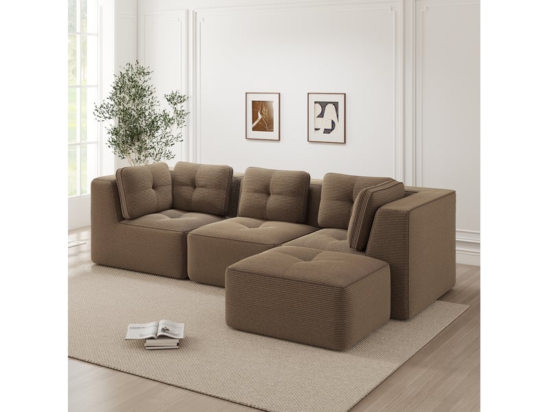  Canapé d’angle modulable 3 places en velours côtelé marron avec ottomane  - Conforama D