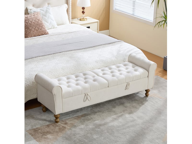  Banc coffre 156x41x51 cm, 2 couvercles, rangement, design moderne, structure robuste, tissu bouclette, couleur beige  - Conforama B