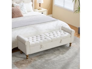 Banc coffre 156x41x51 cm, 2 couvercles, rangement, design moderne, structure robuste, tissu bouclette, couleur beige