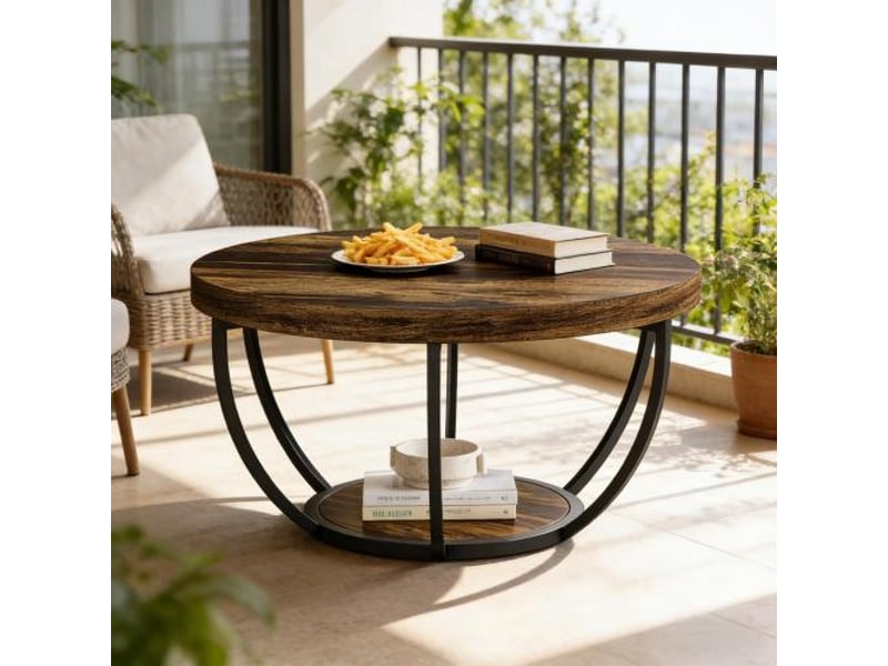 Table basse ronde avec 2 niveaux de rangement, style moderne aux lignes épurées, en bois et métal, décor bois rustique - Conforama B