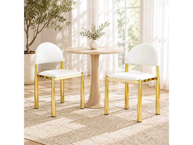  Lot de 2 chaises de salle à manger blanches avec dossier semi-circulaire, revêtement en polyuréthane, pieds en métal  - Conforama B