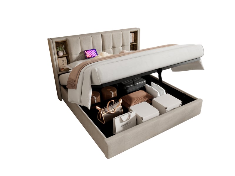  Lit coffre tcqpz 160 x 200 cm avec recharge sans fil usb-c et usb, tête de lit avec rangements, lin naturel  - Conforama A