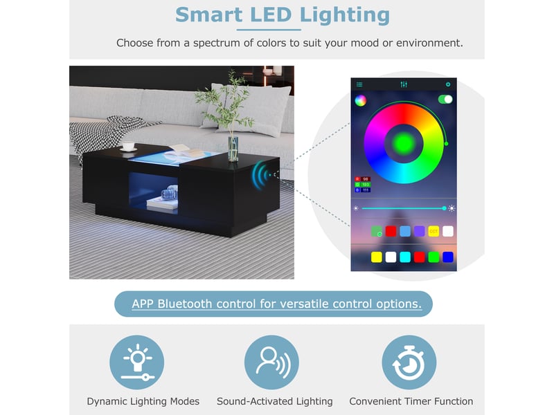  Table basse avec 2 tiroirs, niche ouverte et led pour salon 100×50×35,5 cm en panneaux de particules noirs  - Conforama C
