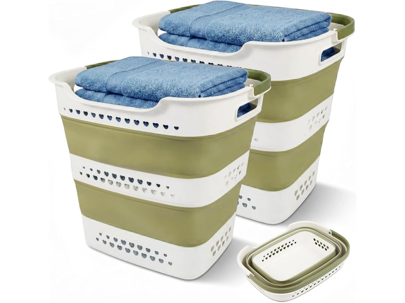  Lot de 2 paniers à linge pliables 42 l, corbeilles en plastique avec poignées, gain de place pour vêtements, vert  - Conforama A