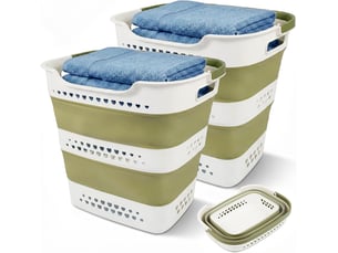 Lot de 2 paniers à linge pliables 42 l, corbeilles en plastique avec poignées, gain de place pour vêtements, vert