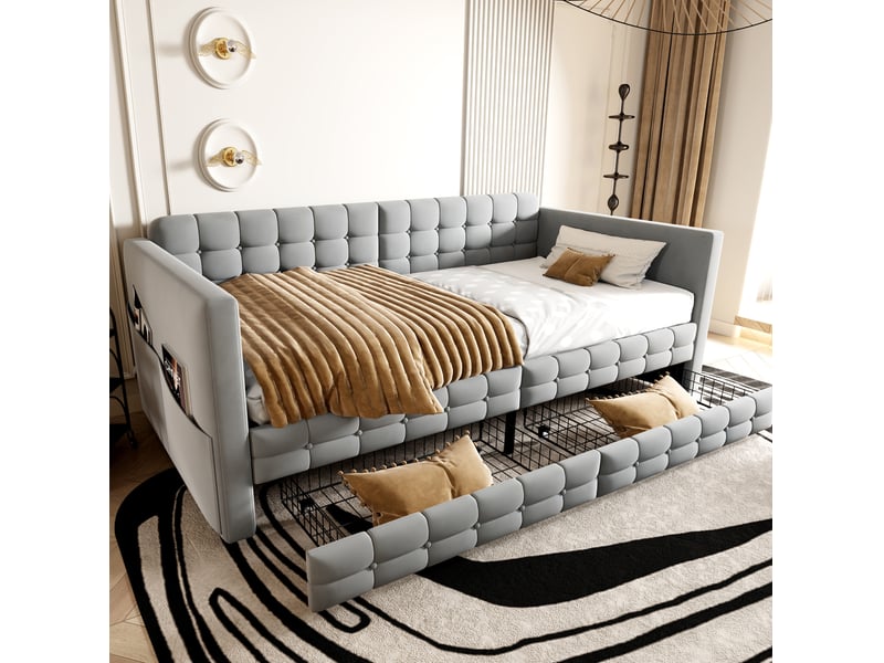  Lit banquette, 90x190 cm, pour chambre, avec 2 tiroirs, clair, matelas non inclus, mdf et métal et bois, coloris gris  - Conforama E
