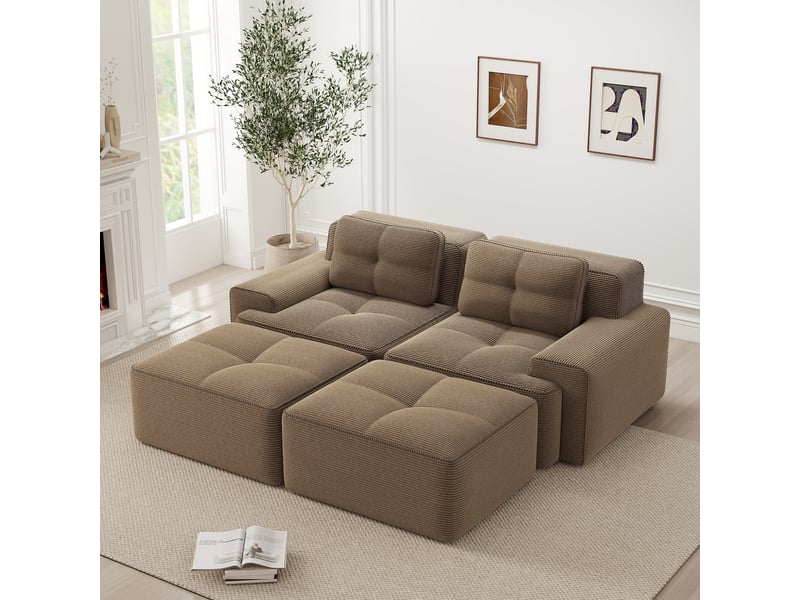  Canapé d'angle, canapé modulable – sans montage, avec pouf, en velours tricoté, forme u, 2 places, marron, style cloud, sans cadre, assise profonde  - Conforama A